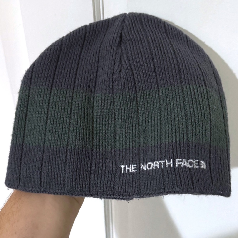 The North Face Mens Ribbed Knit Beanie Grey Forest Green Striped Hat wool